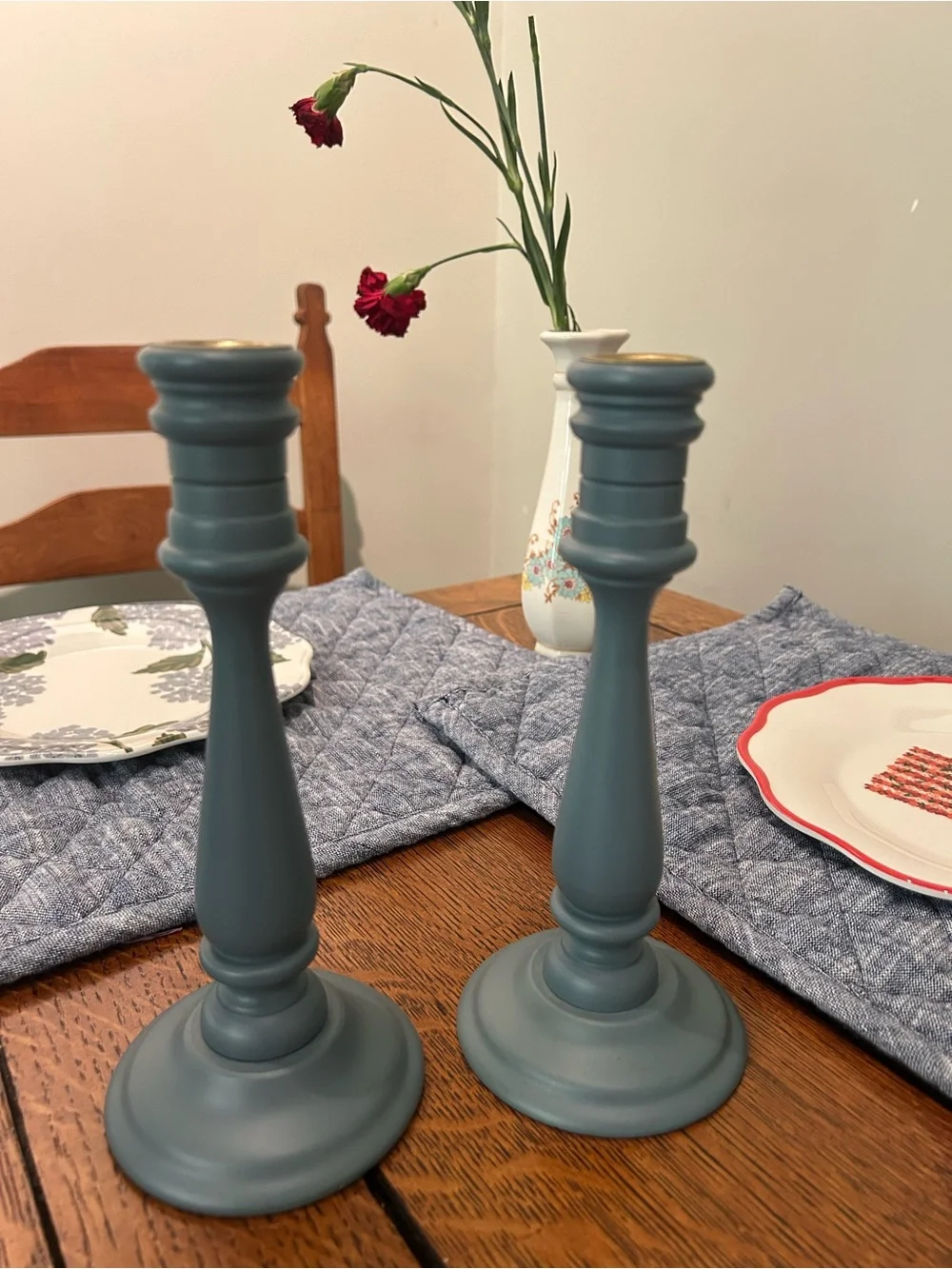 Blue Wood Taper Candle Holders - set of 2